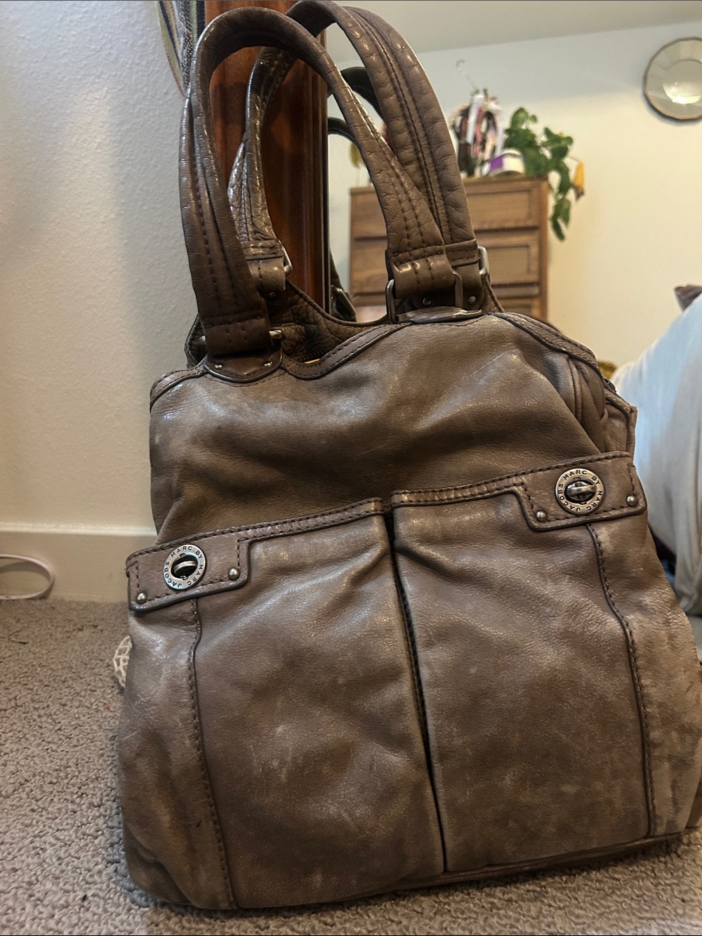Marc Jacobs Taupe Brown Leather Shoulder Bag with Front Pockets